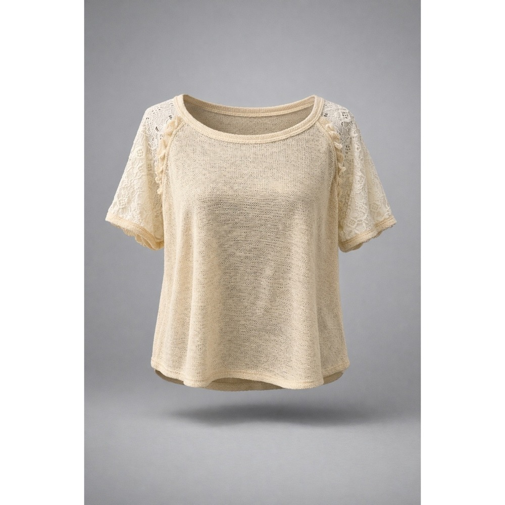 7th Ray Womens Large Beige Knit Top White‎ Lace Raglan Sleeve Ruffle T-5864 Boho